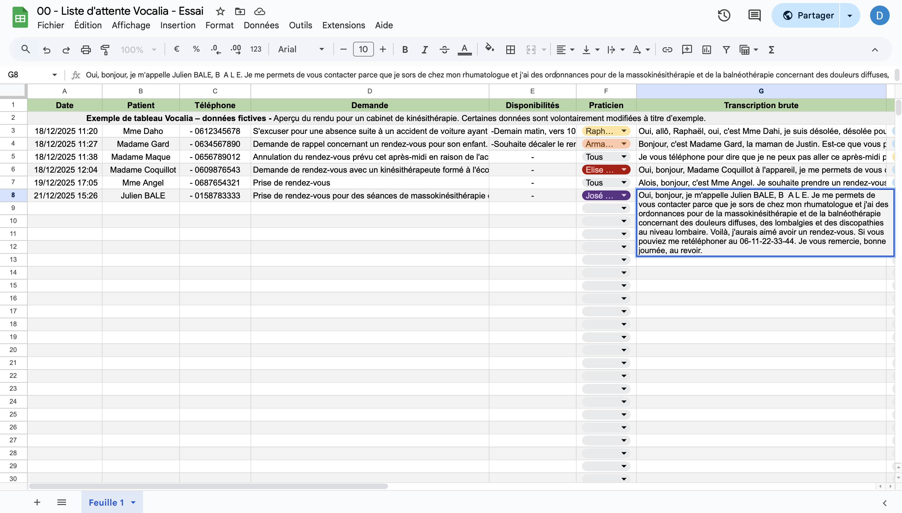 Interface du tableau Vocalia